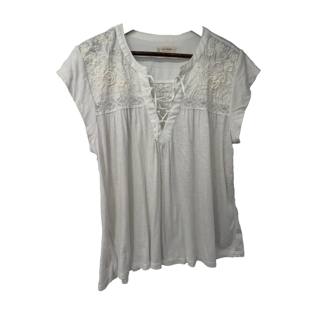 Lucky Brand White Beaded Blouse Lace cottage beachy romantic coquette boho L
